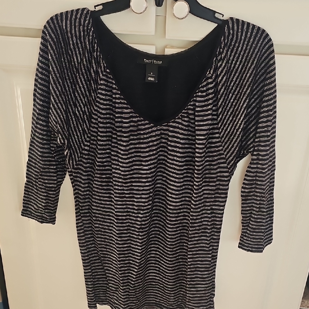 White House Black Market Black and Silver Striped 3/4 Sleeve Top